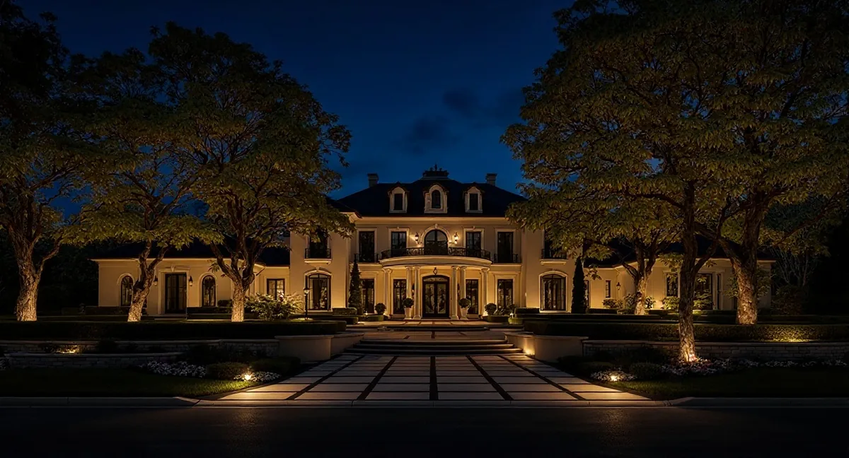 The same estate illuminated after dark