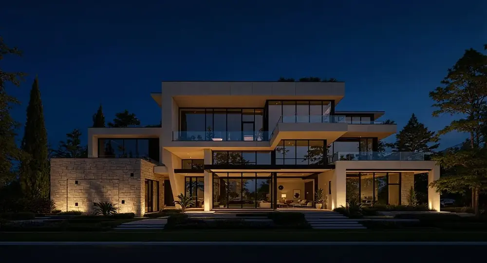 The same Clarksville property illuminated after dark
