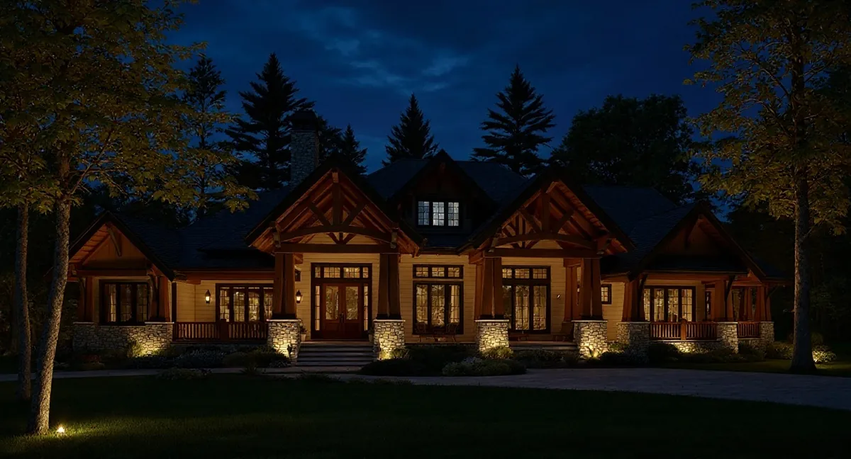 The same Columbia property illuminated after dark