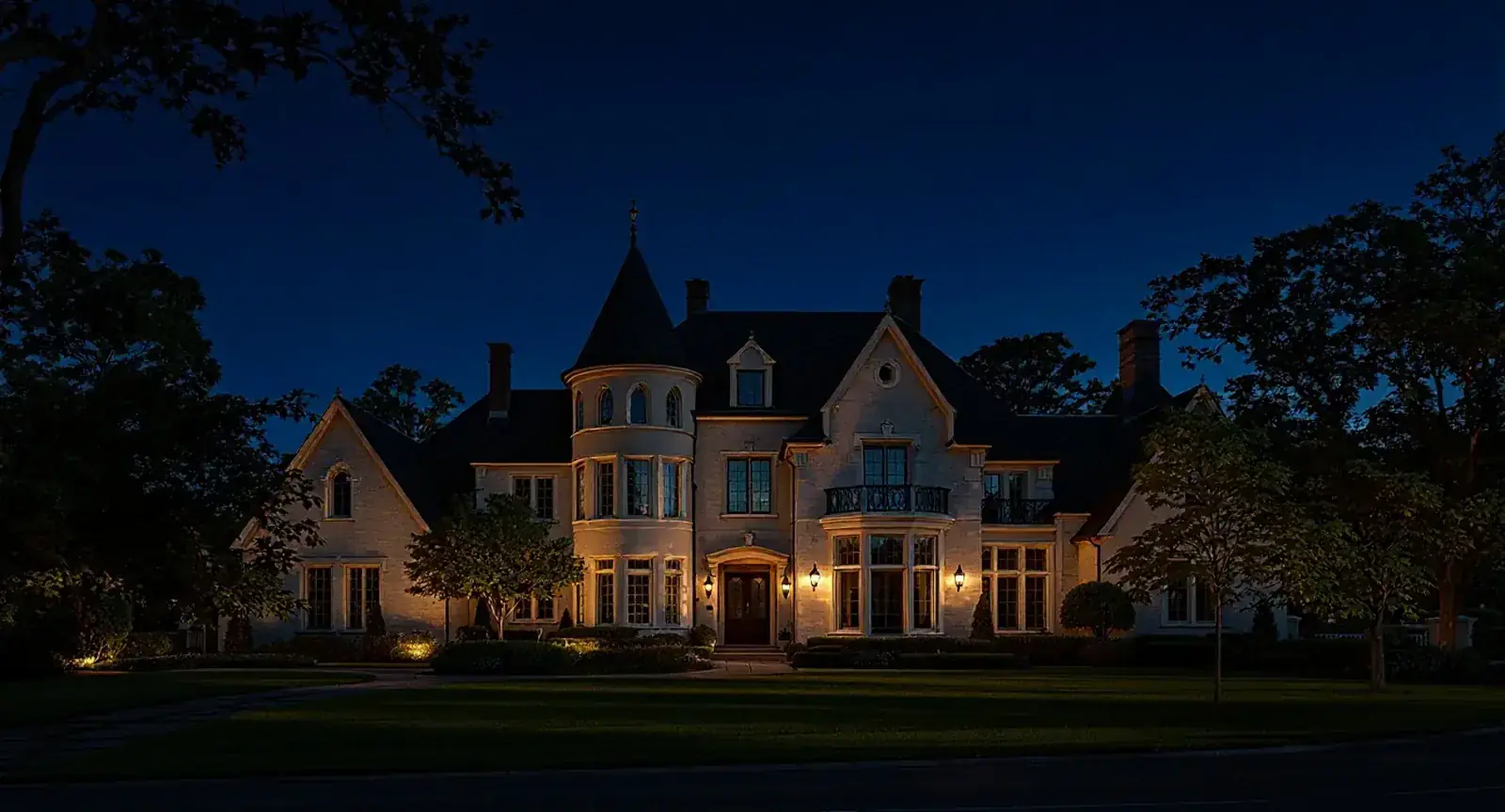 The same Gallatin property illuminated after dark