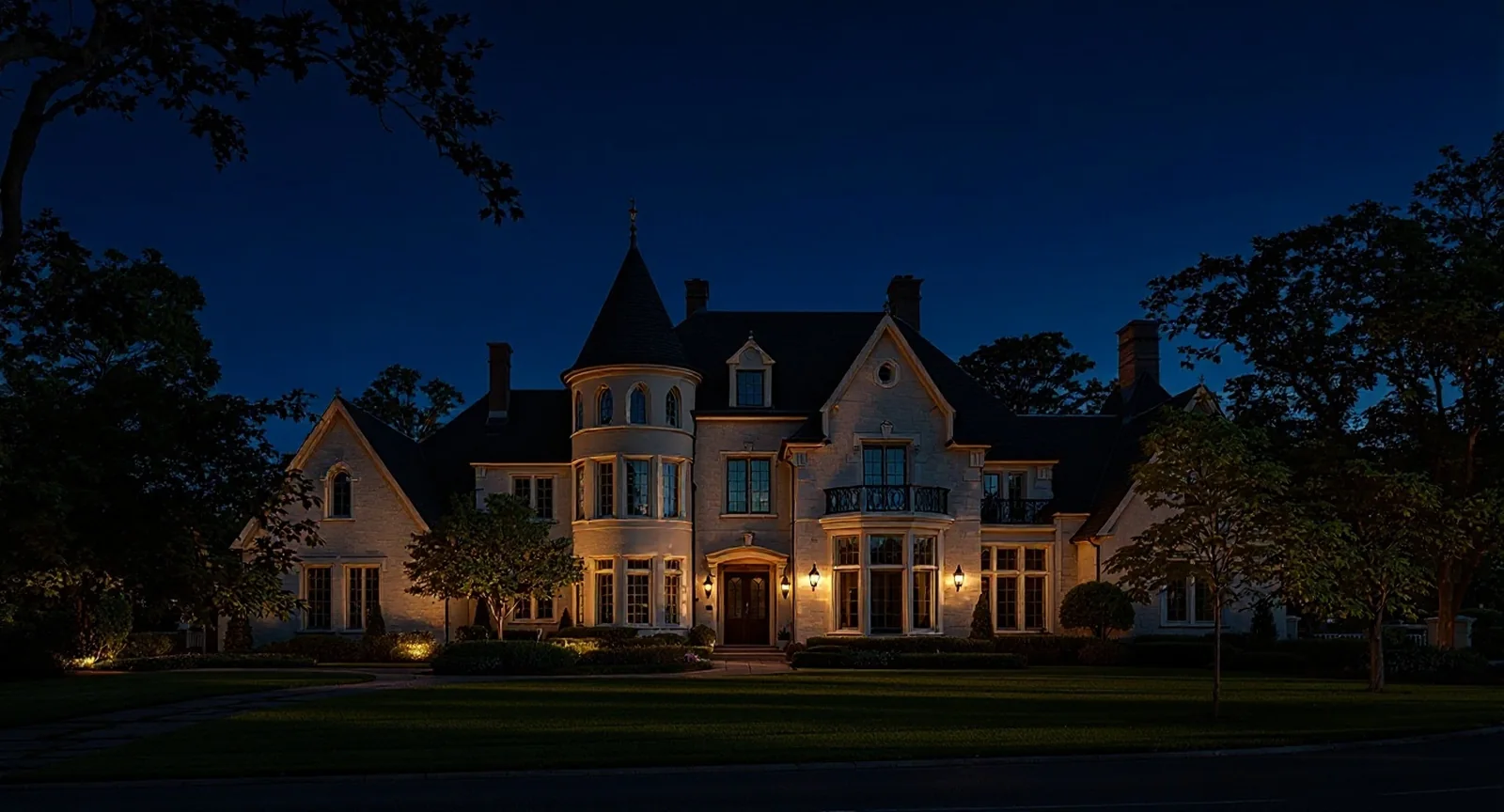 The same Gallatin property illuminated after dark