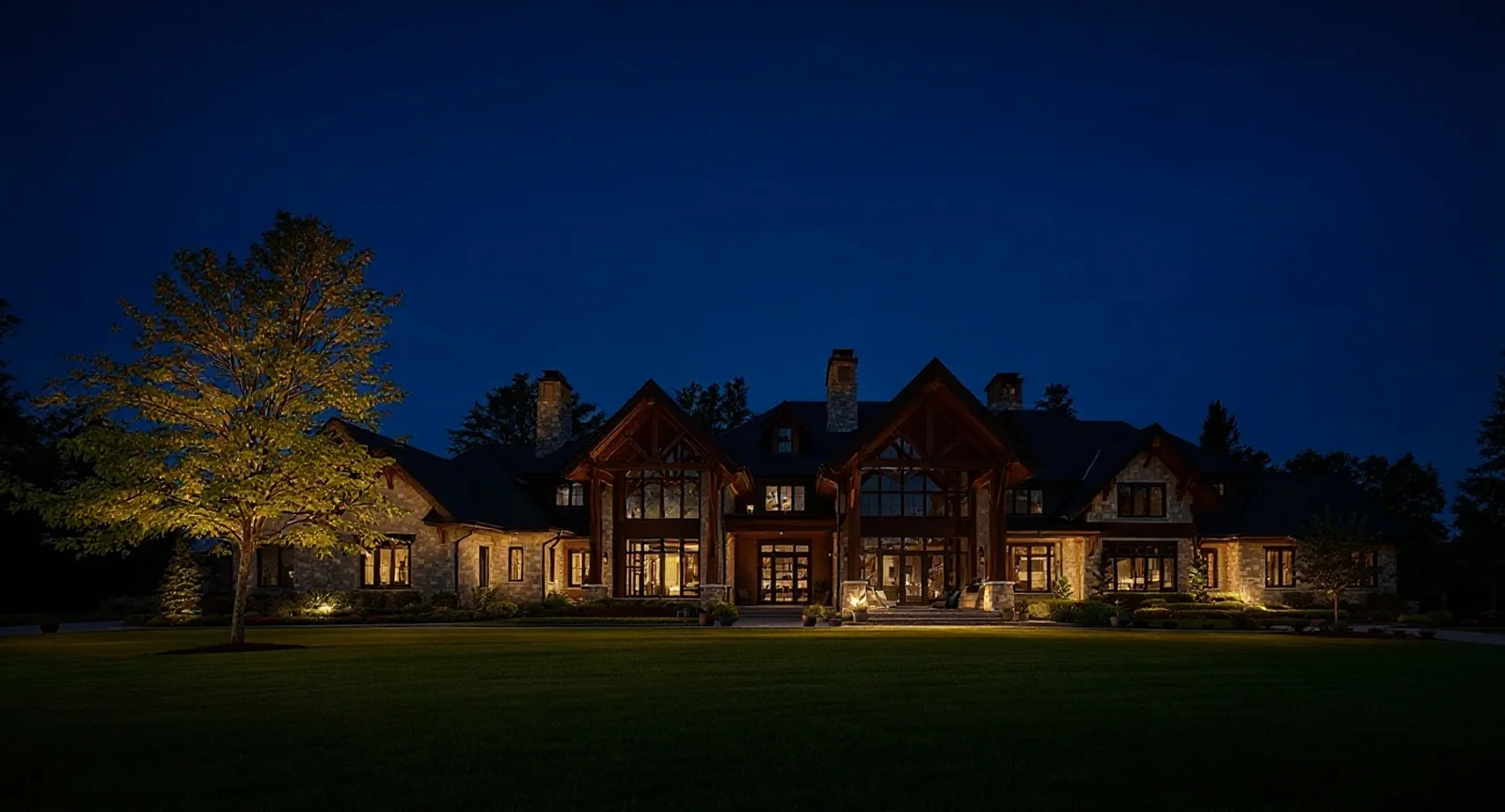 The same Green Hills landscape lit after dark