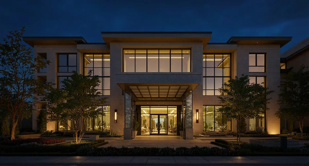 The same commercial property lit after dark