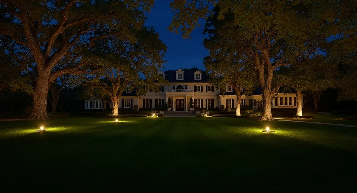 The same landscape lit in layers after dark