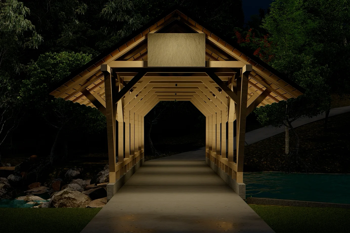 Photorealistic outdoor lighting design rendering of a covered bridge at night by Light TN