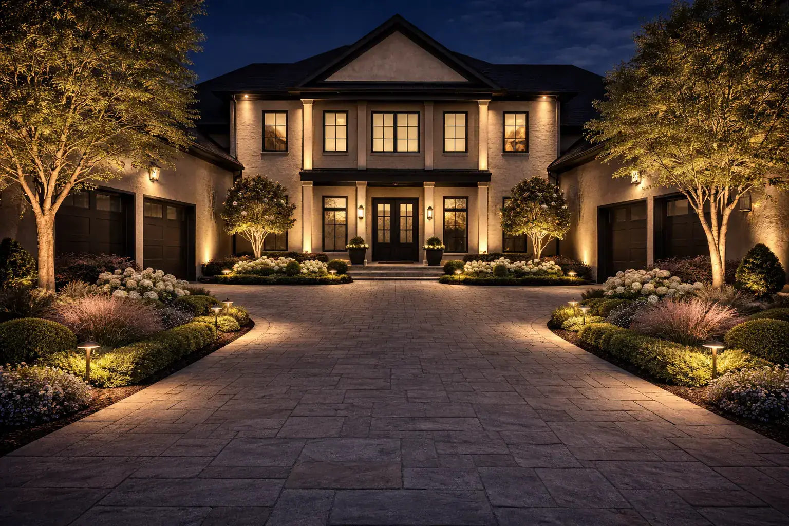 AI rendering of a luxury home facade with landscape and architectural lighting at night