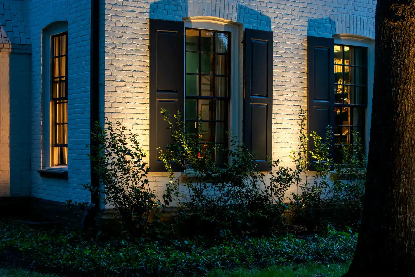 Close-up night view of warm LED facade up-lighting grazing white-brick Colonial elevation with dark shutters, arched windows, and illuminated foundation plantings at blue hour, Belle Meade, TN