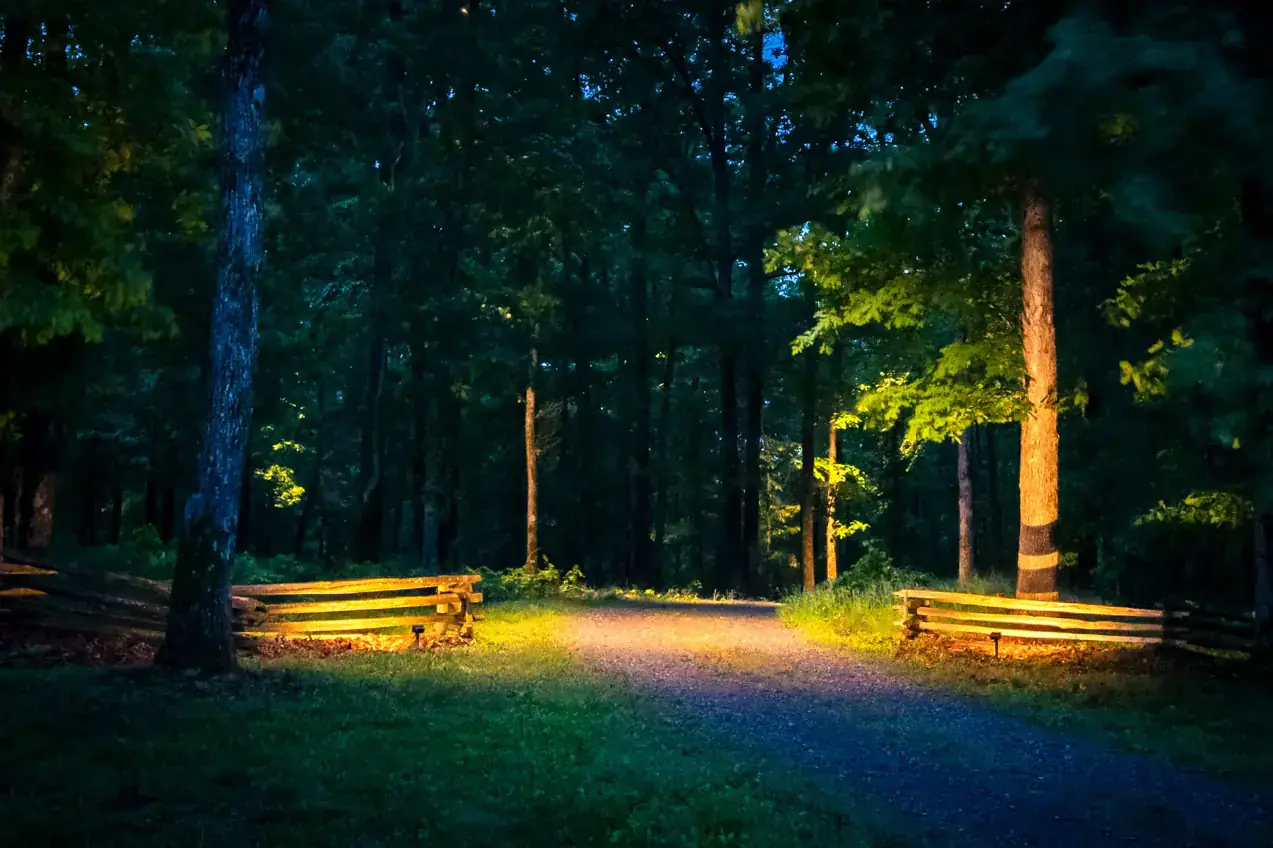 Wooded gravel driveway entrance flanked by split-rail fences and warm tree uplighting illuminating canopy at blue hour, Middle Tennessee