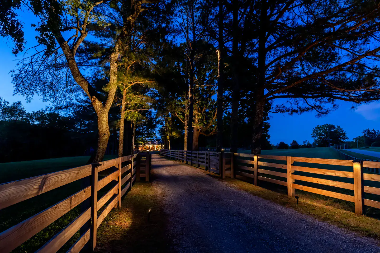 Symmetrical long gravel farm driveway flanked by cedar split-rail fences and warm LED uplit canopy trees leading to a lit farmhouse at blue hour, Middle Tennessee