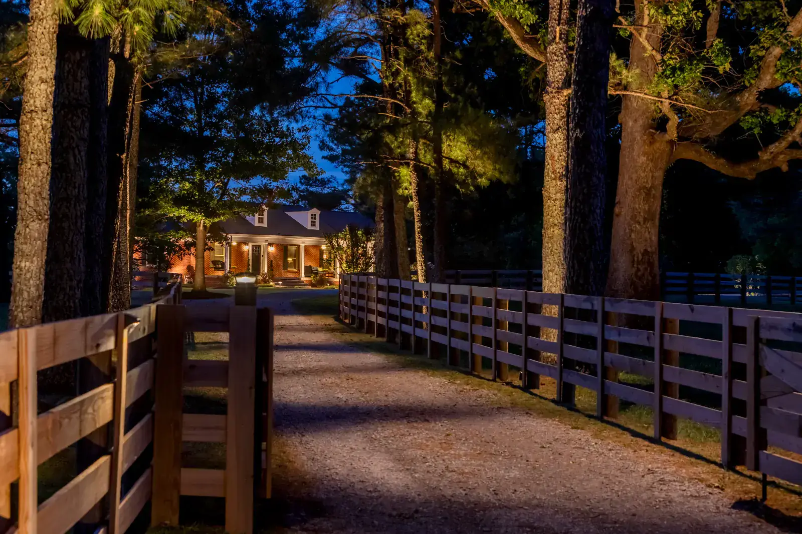 Gravel farm driveway curving through a dense pine grove with warm LED fence post uplighting and a red-brick farmhouse glowing warmly at the end at blue hour, Middle Tennessee