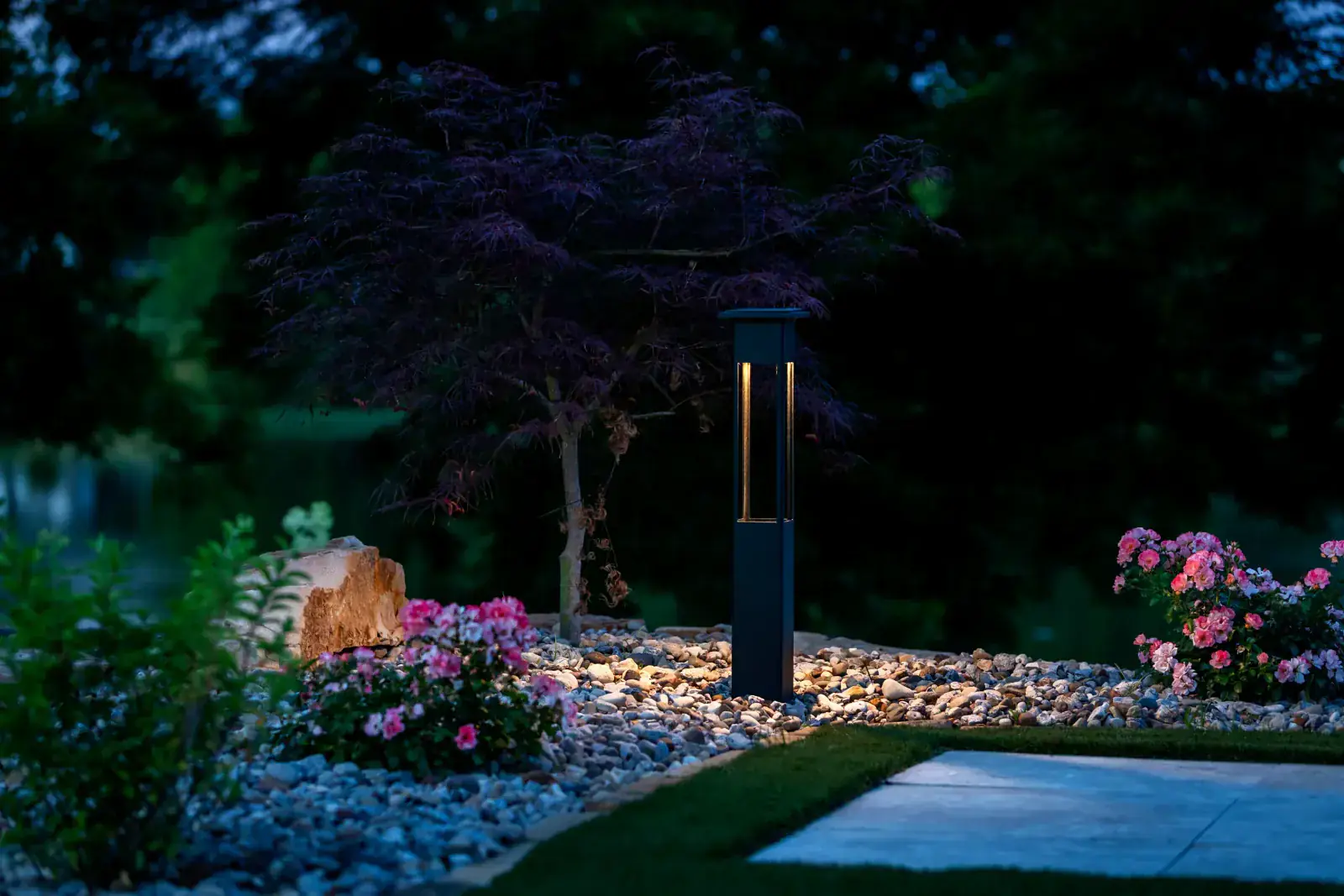 Sleek dark modern bollard path light standing in a river-rock garden bed beside a dramatic Japanese maple at blue hour, Middle Tennessee
