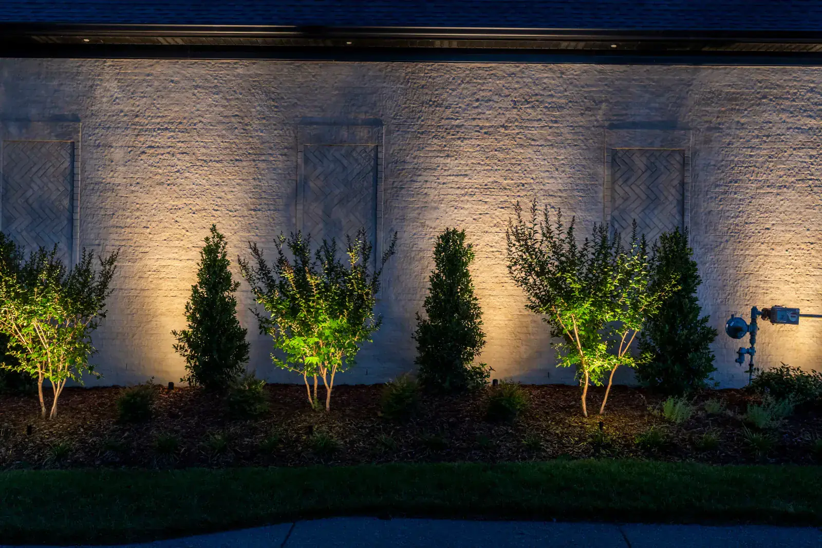 Landscape uplighting on shrubs and ornamental trees against a stone facade at night in Hendersonville, TN