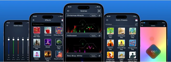 App interface showing roofline lighting scenes and programmable color controls